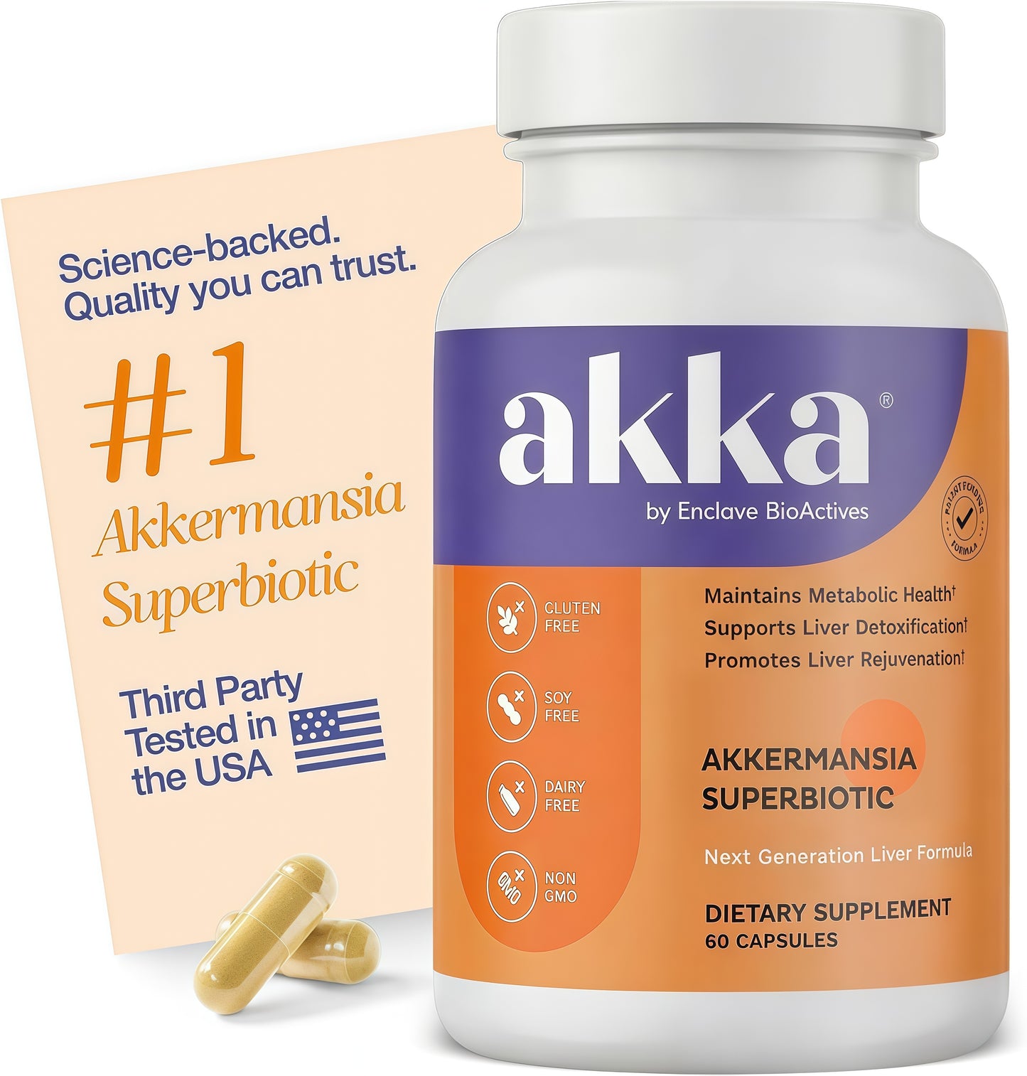 AKKA Akkermansia Probiotic, Liver Cleanse, Detox & Repair, Non-GMO, 60 Caps